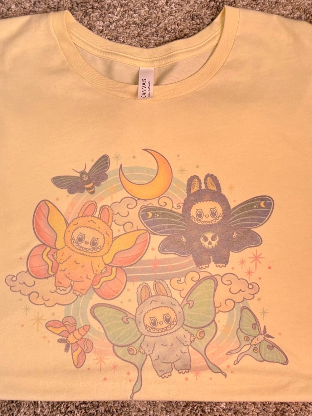 Cute Pastel Yellow Adult Graphic Tee with Labubu